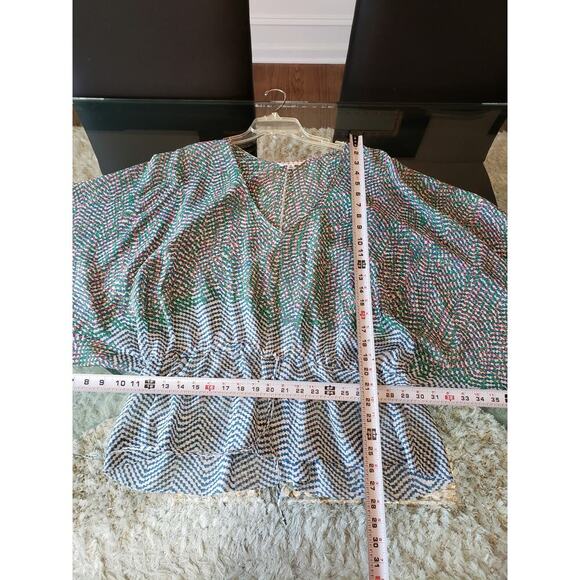 CAbi Tunic Top Womens Medium Multi Printed Arts Sheer Kimono Sleeve Tie Waisted - Picture 7 of 12